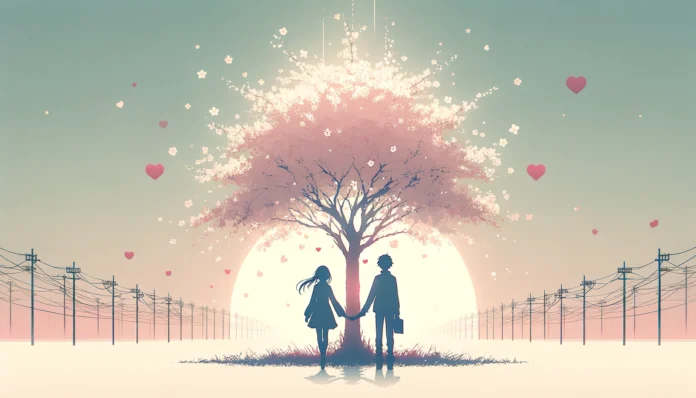 Pareja de anime romántico con un árbol de Sakura en el fondo